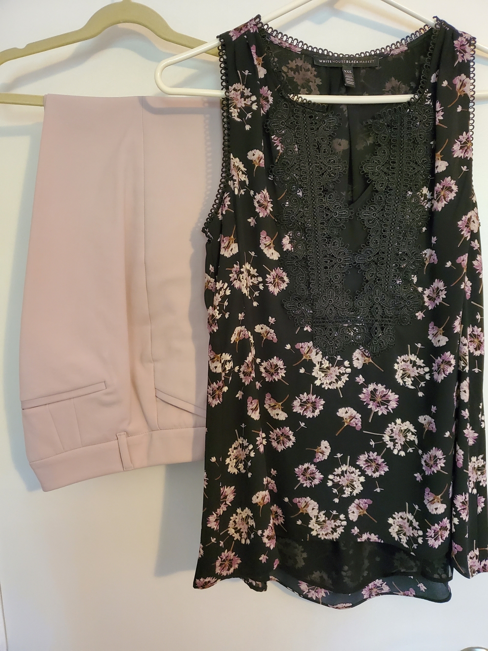 White House Black Market Black Floral Lace-Trim Shell with Pale Lavender Pants